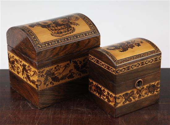 A Tunbridge ware rosewood flower basket mosaic dome top tea caddy and a similar smaller tea caddy, 5.5in.